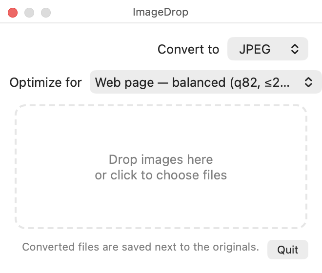 The ImageDrop panel: a Convert to menu, an Optimize for menu, and a drop zone